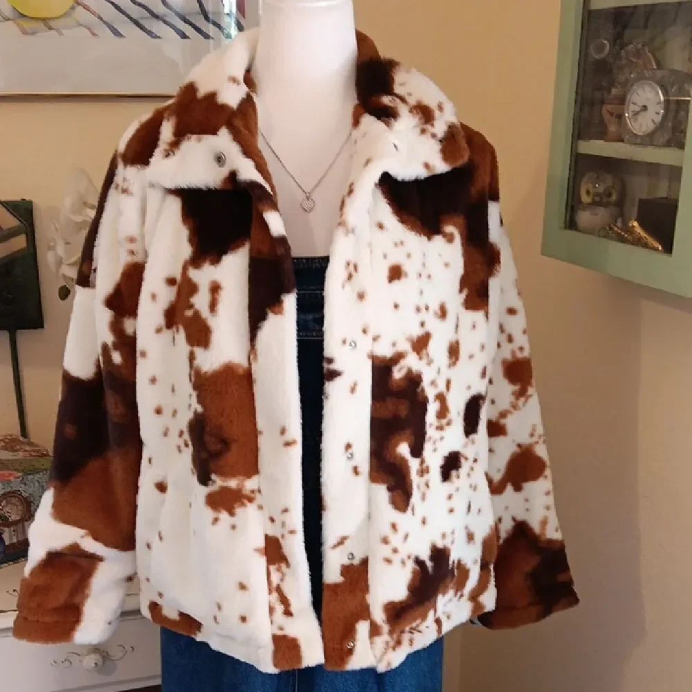 AMOLI Faux Cow/Pony Fur Snap Front Jacket.